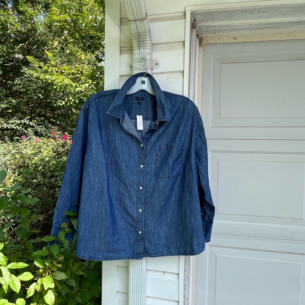 NWT Talbots Pretty Blue Denim Pocket Front Long Sleeve Blouse
